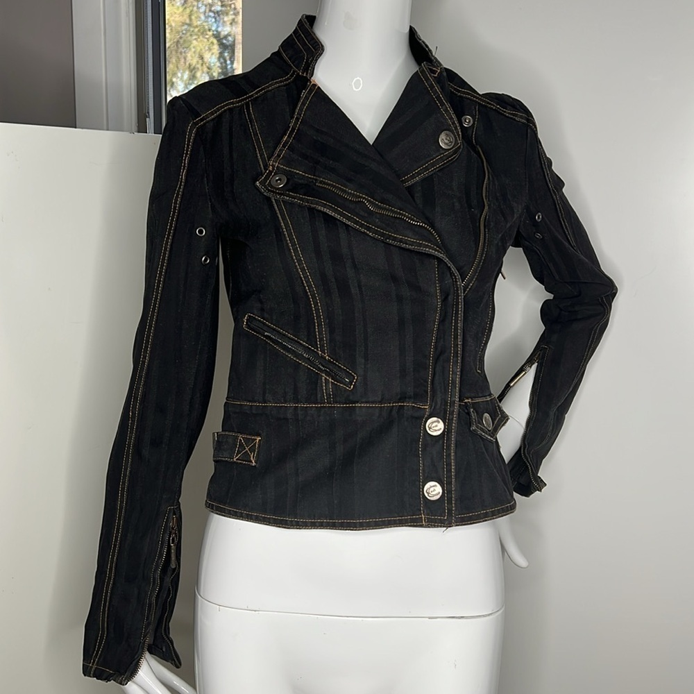 Just Cavalli Roberto Cavalli Sz 40 Black Denim Biker Jacket